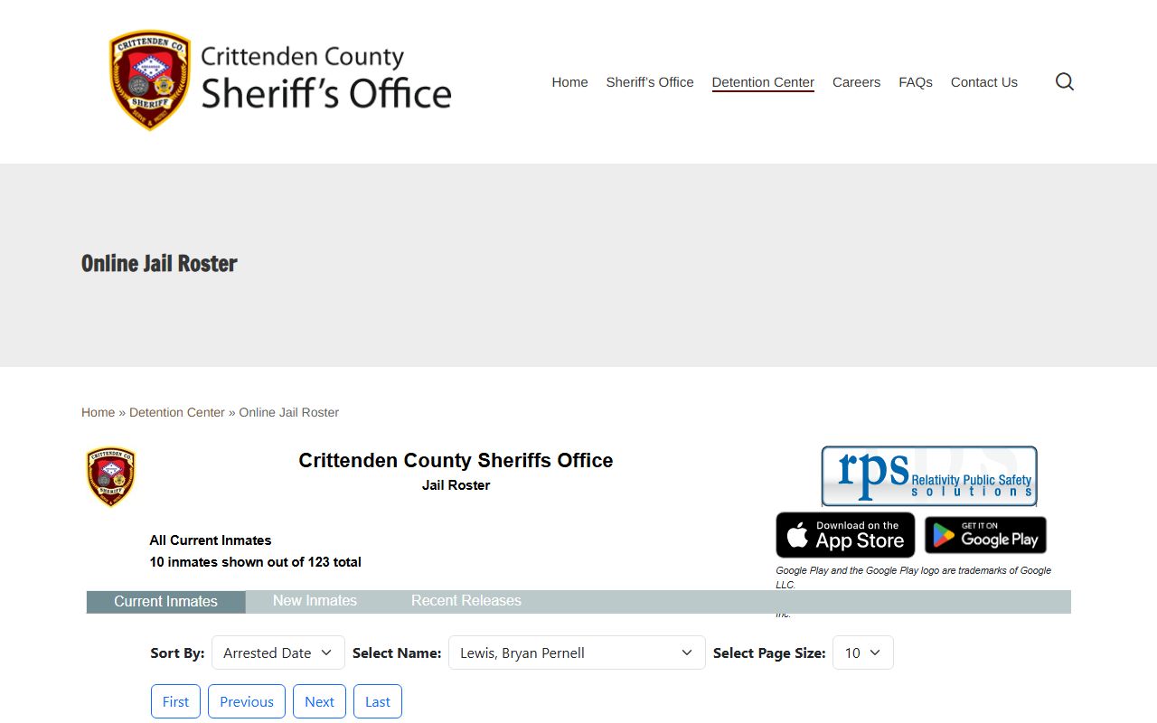 Crittenden County police records from www.crittcoso.com/detention-center/online-jail-roster