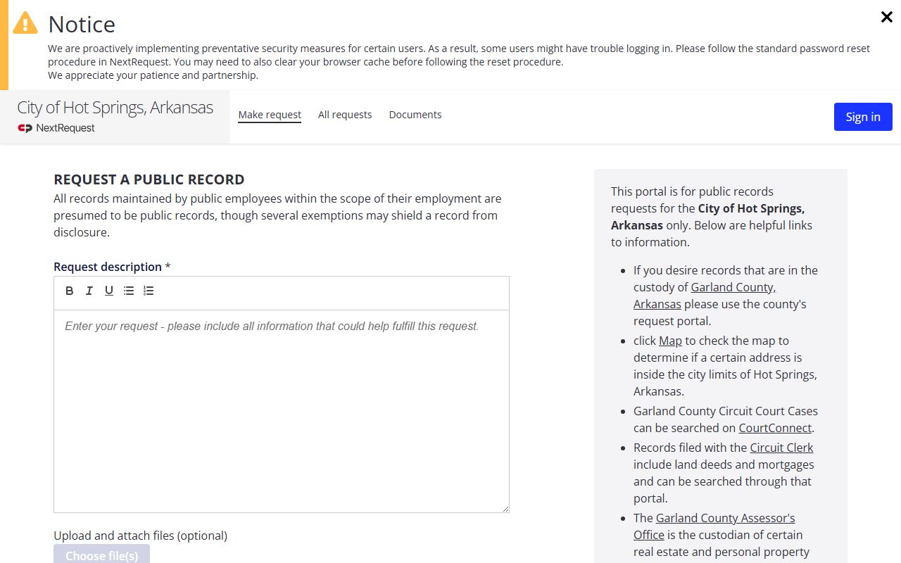 Garland County police records from cityofhotspringsar.nextrequest.com/requests/new