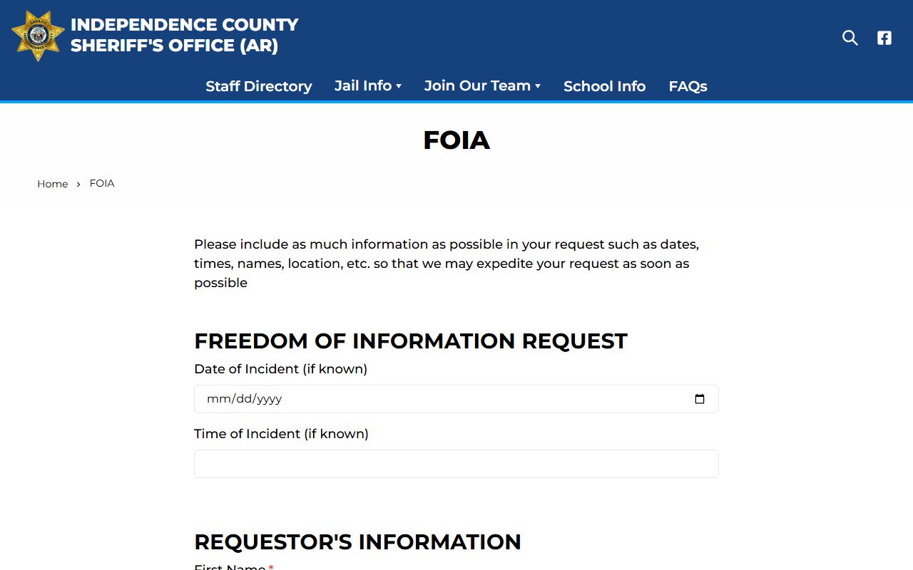 Independence County police records from www.independencesheriff.org/fOIA