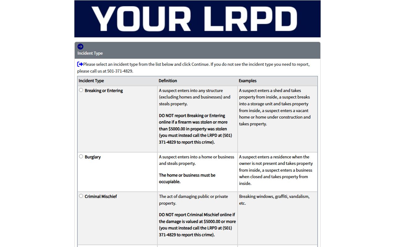 Little Rock Police online report filing portal for Pulaski County police records