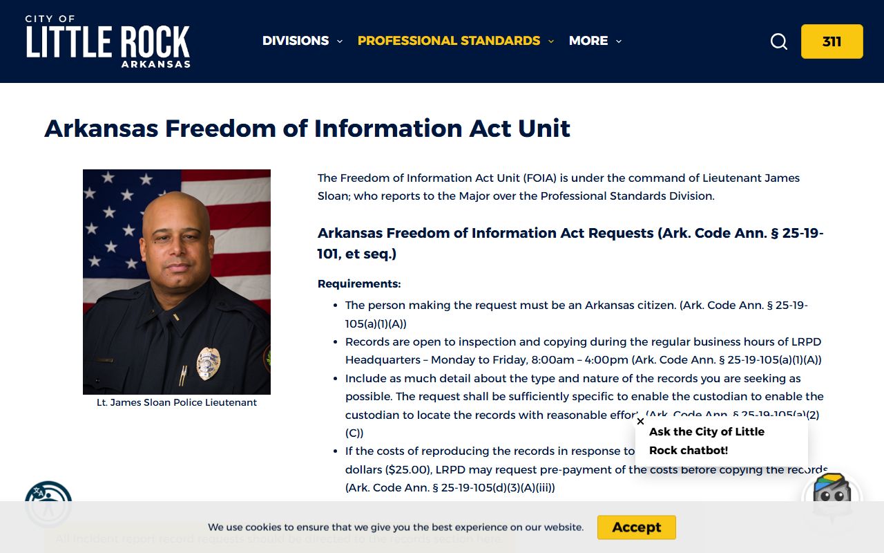 Little Rock Police Department FOIA request page for Arkansas police records