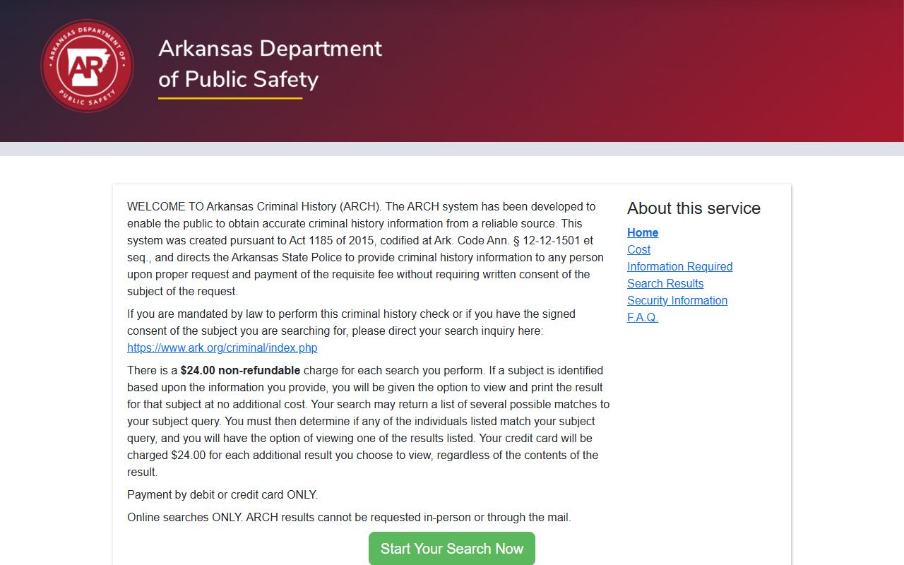 Arkansas Criminal History ARCH system portal for police records